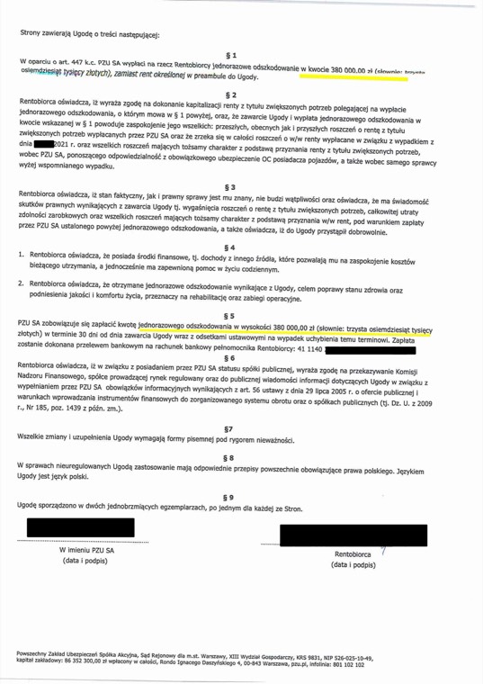 Dokument sprawy - Kapitalizacja renty po wypadku - 380 tys.