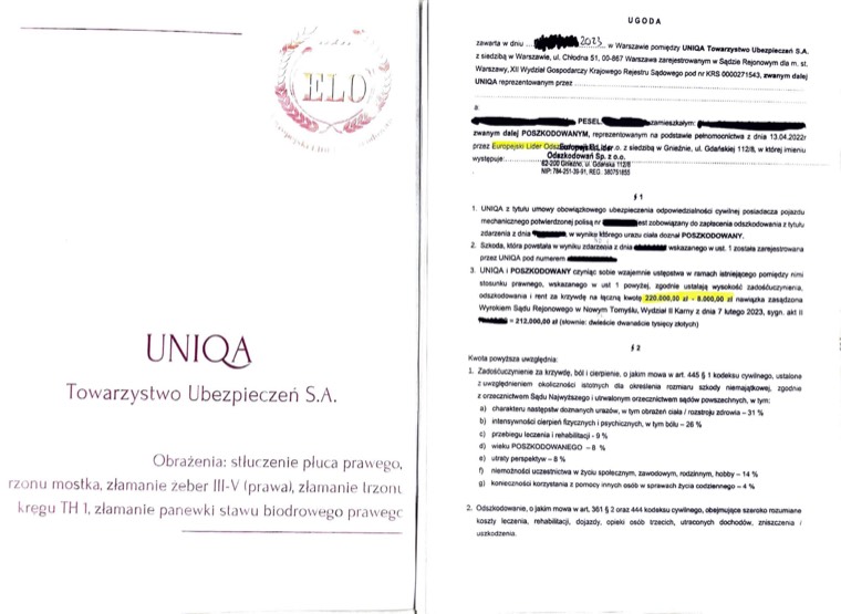 Dokument sprawy - Ugoda UNIQA - obrażenia ciała po wypadku