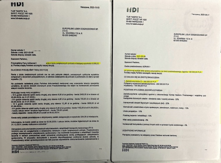 Dokument sprawy - Poprawa odszkodowania za obrażenia po innym pełnomocniku