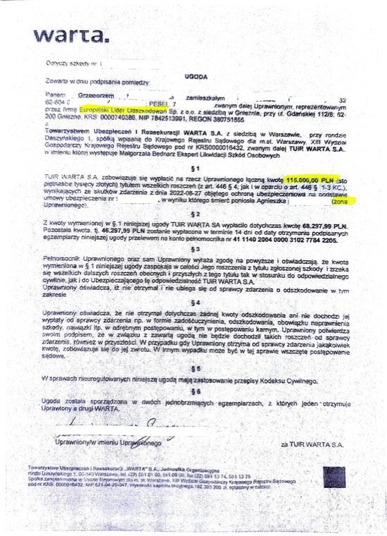 Dokument sprawy - Ugoda męża po śmierci żony w wypadku