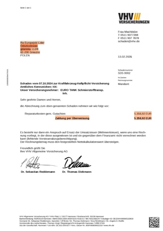 Dokument sprawy - Szkoda komunikacyjna w Niemczech rozliczona z VHV