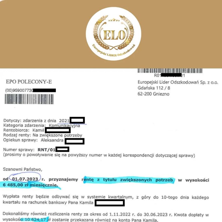 Dokument sprawy - Renta na zwiększone potrzeby po wypadku komunikacyjnym