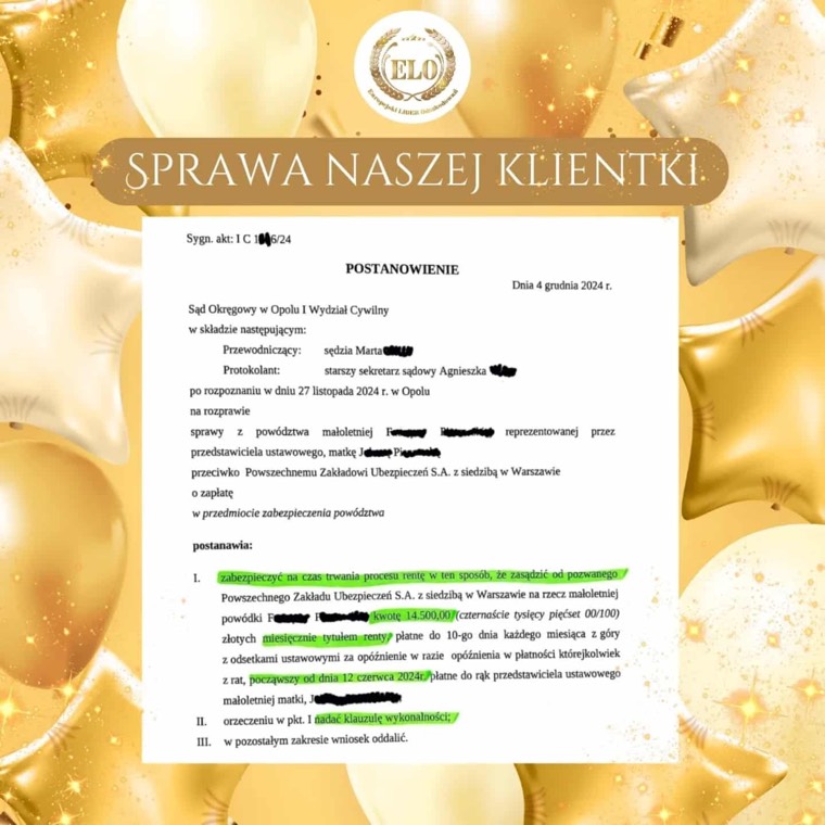 Dokument sprawy - Zabezpieczenie renty 14 500 zł miesięcznie dla małoletniej