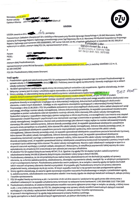 Dokument sprawy - Ugoda PZU - obrażenia ciała po wypadku