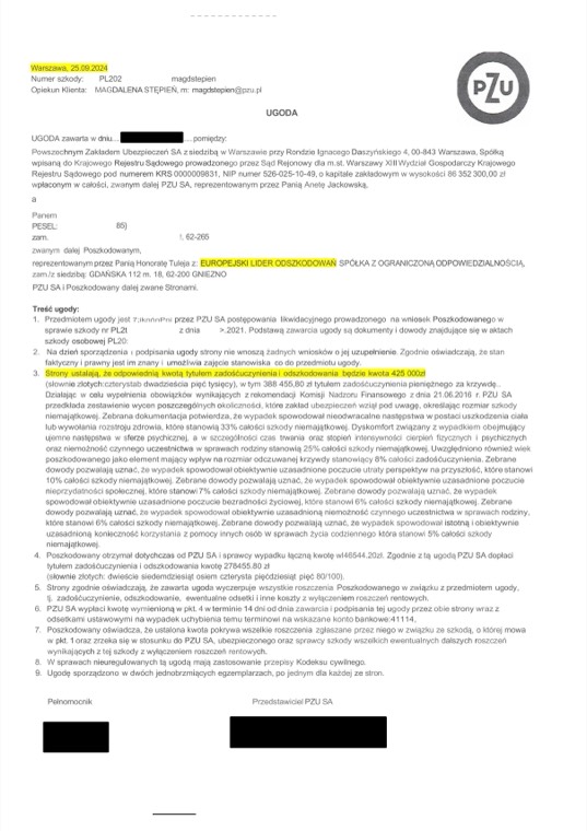 Dokument sprawy - Ugoda 425 000 zł za ciężkie obrażenia ciała
