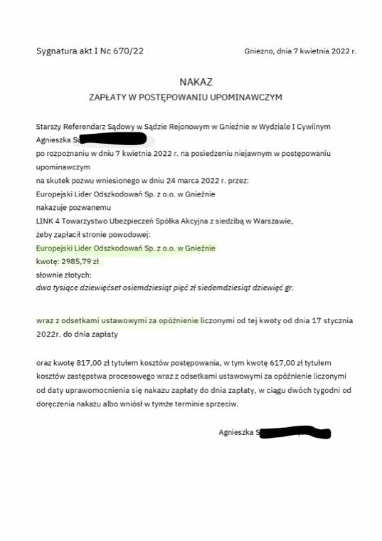 Dokument sprawy - Dopłata do szkody wygrana z Link 4