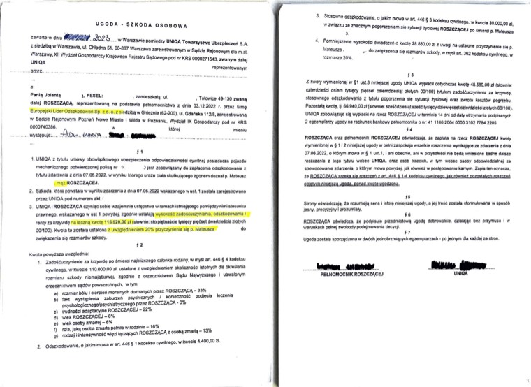 Dokument sprawy - Ugoda żony po śmierci męża w wypadku